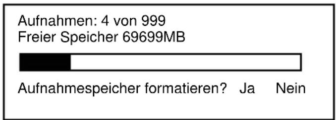 Aufnahmen: 4 von 999 Freier Speicher 69699MB Aufnahmespeicher formatieren? Ja Nein