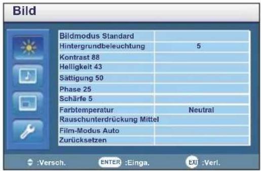 Bild Bildmodus Standard Hintergrundbeleuchtung 5 Kontrast 88 Helligkeit 43 Sättigung 50 Phase 25 Schärfe 5 Farbtemperatur Neutral Rauschunterdrückung Mittel Film-Modus Auto Zurücksetzen :Versch. ENTER :Einga. EXI :Verl.