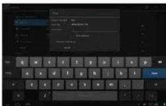 Screenshot of a software interface showing a keyboard with text input fields and a dropdown menu open.
