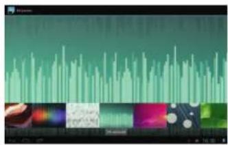 Digital audio waveform display with green and blue signal lines over a timeline interface