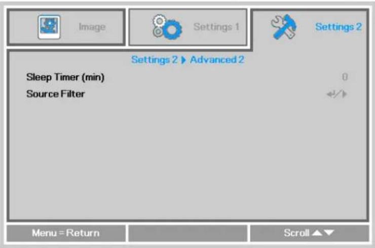 Image Settings 1 Settings 2 Settings 2 ▶ Advanced 2 Sleep Timer (min) 0 Source Filter Menu = Return Scroll ▲▼