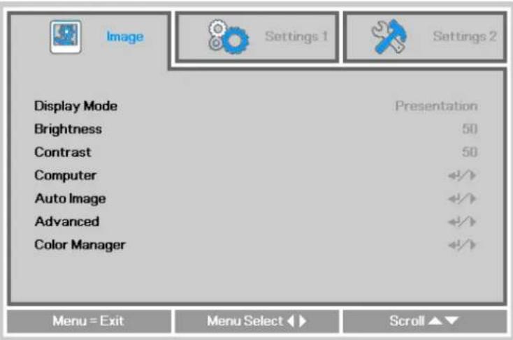 Display Mode Brightness Contrast Computer Auto Image Advanced Color Manager Presentation 50 50 ✓✓✓ ✓✓✓ ✓✓✓ Menu = Exit Menu Select ↕ ↗ Scroll ▲▼