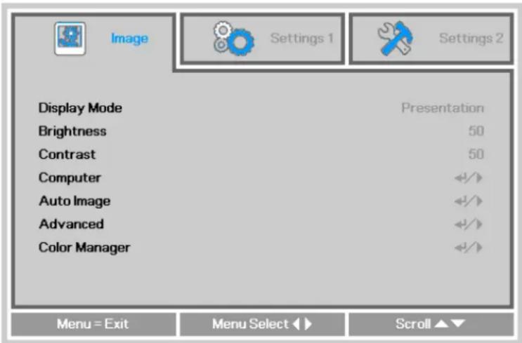 Display Mode Brightness Contrast Computer Auto Image Advanced Color Manager Presentation 50 50 < < < < Menu = Exit Menu Select ▶▶ Scroll ▲▼