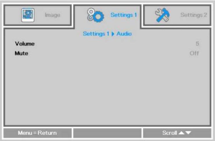 Image Settings 1 Settings 2 Settings 1 ▶ Audio Volume 5 Mute Off Menu = Return Scroll ▲▼
