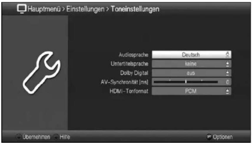 Hauptmenü > Einstellungen > Toneinstellungen Audiosprache Deutsch Untertitelsprache keine Dolby Digital aus AV-Synchronität [ms] 0 HDMI-Tonformat PCM Übernehmen Hilfe Optionen