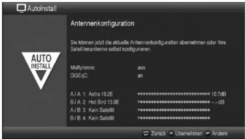 AutoInstall Antennenkonfiguration Sie können jetzt die aktuelle Antennenkonfiguration übernehmen oder ihre Satellitenantenne selbst konfigurieren. Multitenne: aus DISEqC: an A/A 1: Astra 19.2E 10.7dB B/A 2: Hot Bird 13.0E -dB A/B 3: Kein Satellit B/B 4: Kein Satellit Zurück Übernehmen Ändern