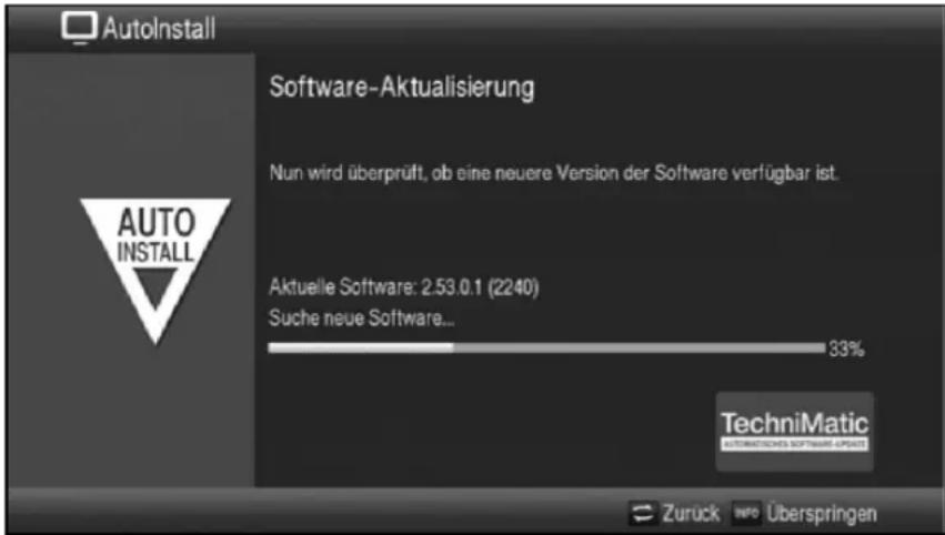 AutoInstall Software-Aktualisierung Nun wird überprüft, ob eine neuere Version der Software verfügbar ist. Aktuelle Software: 2.53.0.1 (2240) Suche neue Software... 33% TechniMatic AUTOMATIVES SOFTWARE SPINUT Zurück INFO Überspringen