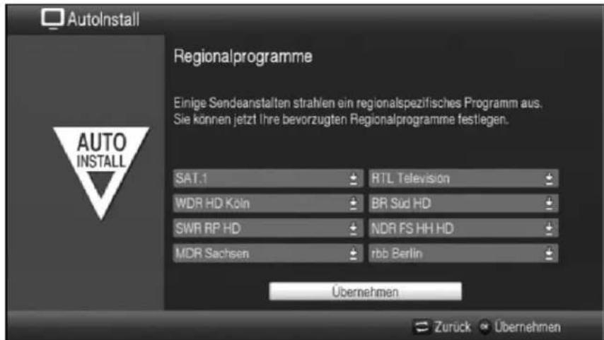 AutoInstall Regionalprogramme Einige Sendeanstalten strahlen ein regionalspezifisches Programm aus. Sie können jetzt ihre bevorzugten Regionalprogramme festlegen. SAT.1 RTL Television WDR HD Köln BR Süd HD SWR RP HD NDR FS HH HD MDR Sachsen rbb Berlin Übernehmen Zurück Übernehmen