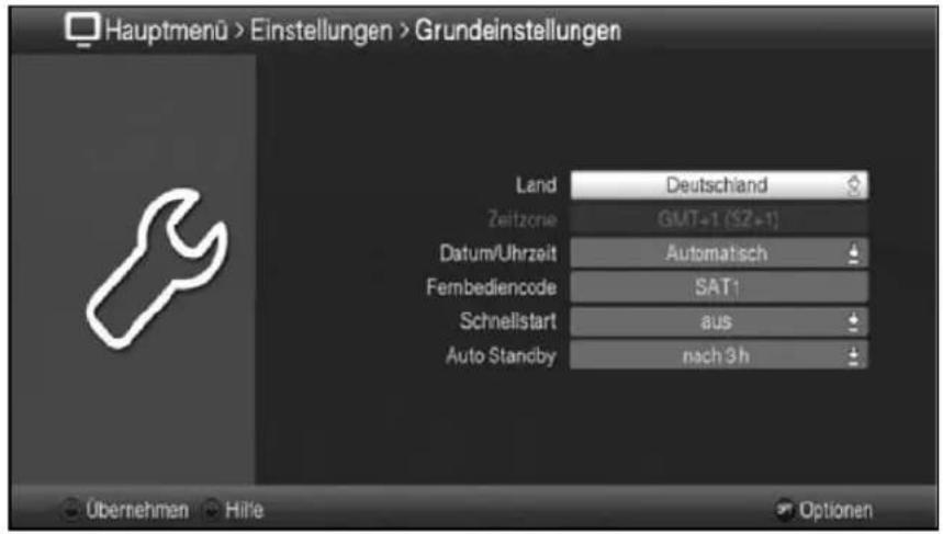 Hauptmenü > Einstellungen > Grundeinstellungen Land Deutschland Zeitzone GMT+1 (SZ+1) Datum/Uhrzeit Automatisch Fembediencode SAT1 Schnellstart aus Auto Standby nach 3 h Übernehmen Hilfe Optionen