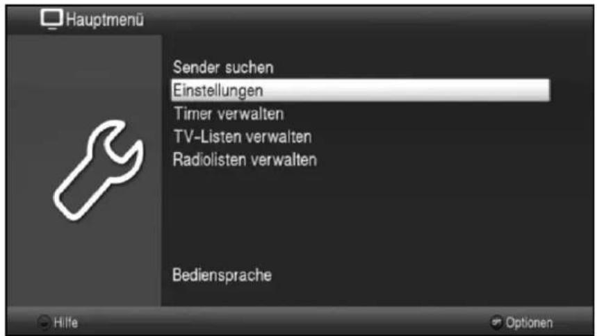 Hauptmenü Sender suchen Einstellungen Timer verwalten TV-Listen verwalten Radiolisten verwalten Bediensprache Hilfe Optionen