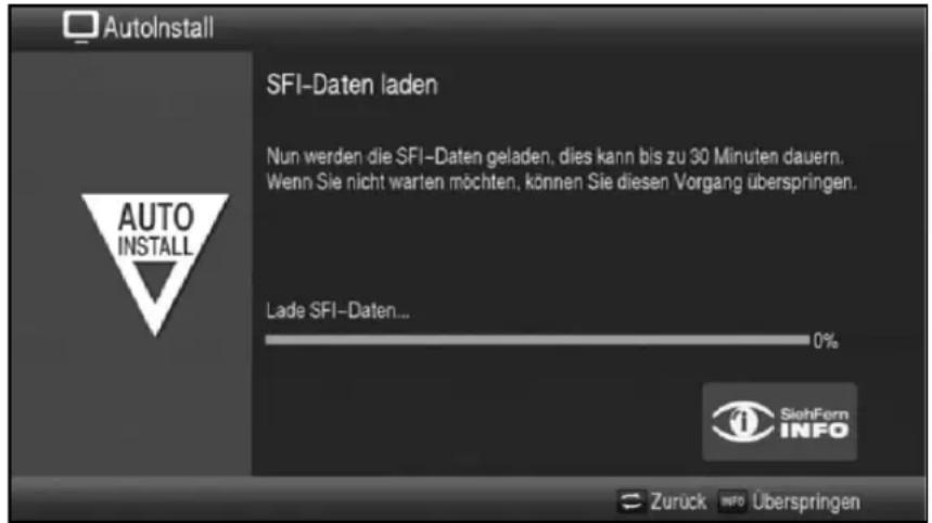 AutoInstall SFI-Daten laden Nun werden die SFI-Daten geladen, dies kann bis zu 30 Minuten dauern. Wenn Sie nicht warten möchten, können Sie diesen Vorgang überspringen. Lade SFI-Daten... 0% AUTO INSTALL SiefFern INFO Zurück INFO Überspringen