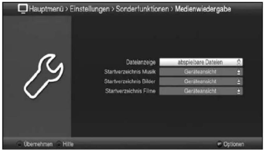 Hauptmenü > Einstellungen > Sonderfunktionen > Medienwiedergabe Dateianzeige abspielbare Dateien Startverzeichnis Musik Geräteansicht Startverzeichnis Bilder Geräteansicht Startverzeichnis Filme Geräteansicht Übernehmen Hilfe Optionen
