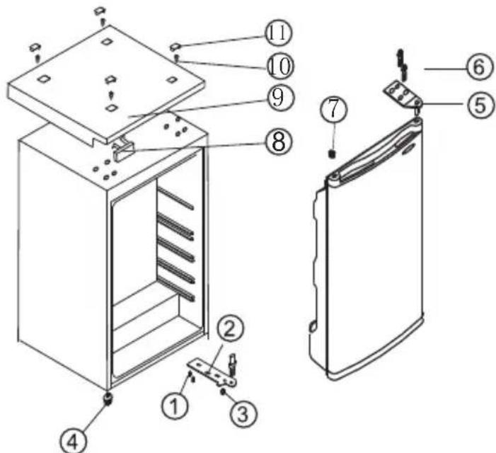 Technical diagram of a refrigerator with numbered parts for identification and assembly reference.