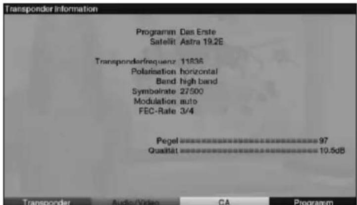 Transponder Information Programm Das Erste Satellit Astra 19.2E Transponderfrequenz 11836 Polarisation horizontal Band high band Symbolrate 27500 Modulation auto FEC-Rate 3/4 Pegel…………… 97 Qualität…………… 10.5dB Transponder Audio/Video CA Programm