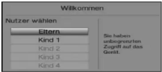 Willkommen Nutzer wählen Eltern Kind 1 Kind 2 Kind 3 Kind 4 Sie haben unbegrenzten Zugriff auf das Gerät.