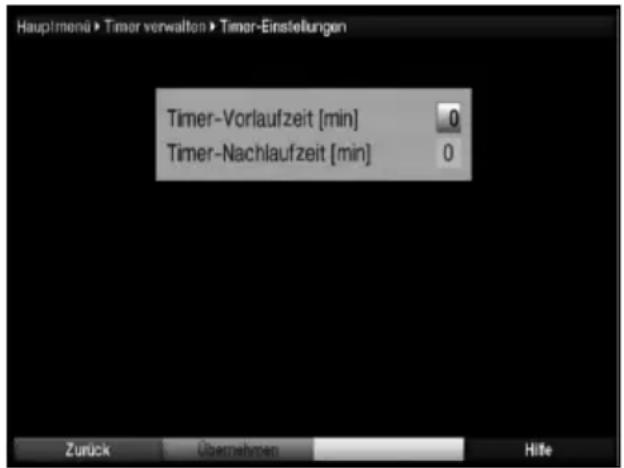 Hauptmenü ► Timer verwalten ► Timer-Einstellungen Timer-Vorlaufzeit [min] 0 Timer-Nachlaufzeit [min] 0 Zurück Übernehmen Hilfe