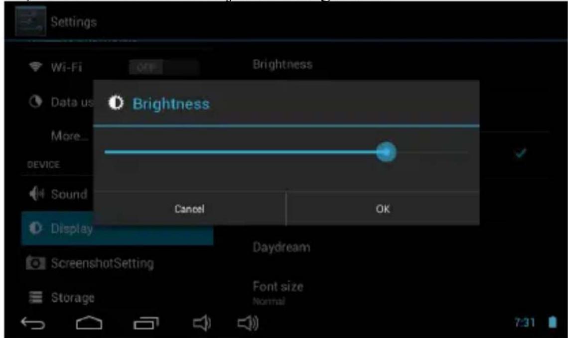 Settings Wi-Fi OFF Brightness Data us Brightness More... DEVICE Sound Display Cancel OK Daydream ScreenshotSetting Storage Font size Normal 7:31