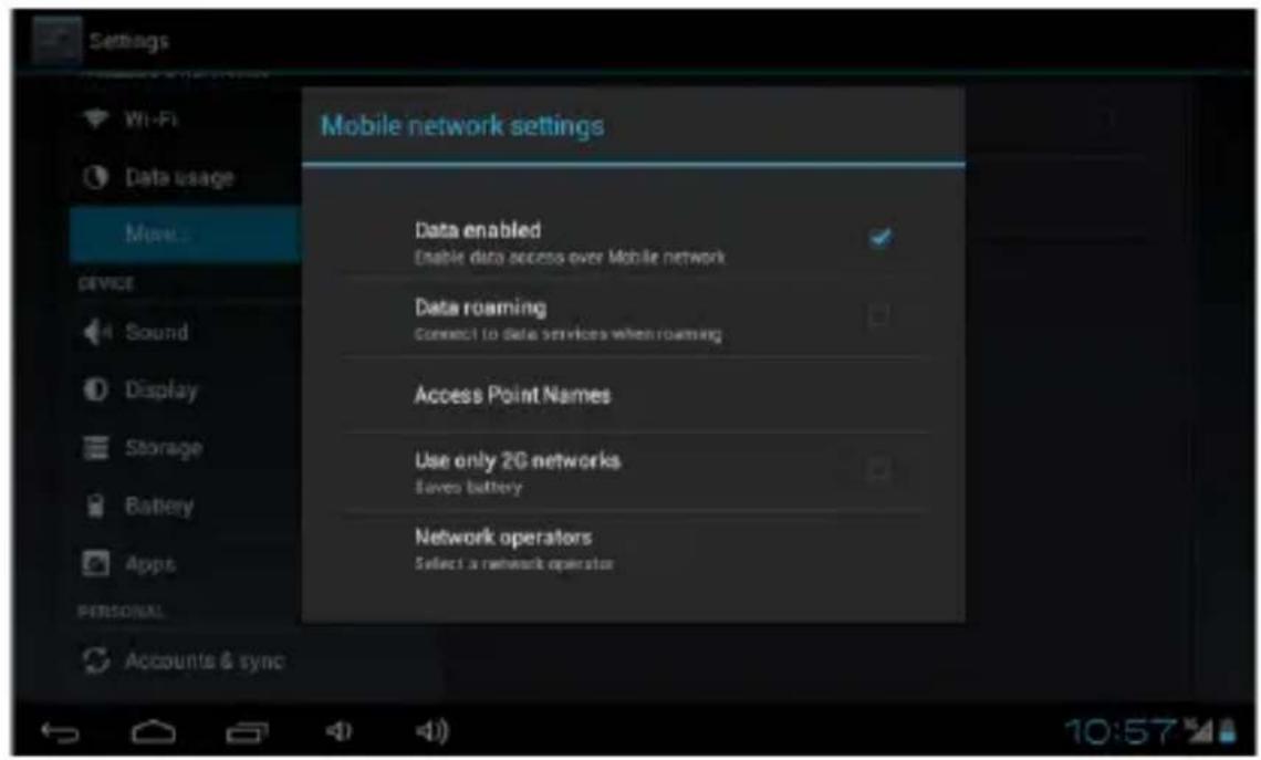Settings Wi-Fi Data usage Music... Device Sound Display Storage Battery Apps PERSONAL Accounts & sync Mobile network settings Data enabled Enable data access over Mobile network Data roaming Connect to data services when roaming Access Point Names Use only 2G networks Saves battery Network operators Select a network operator