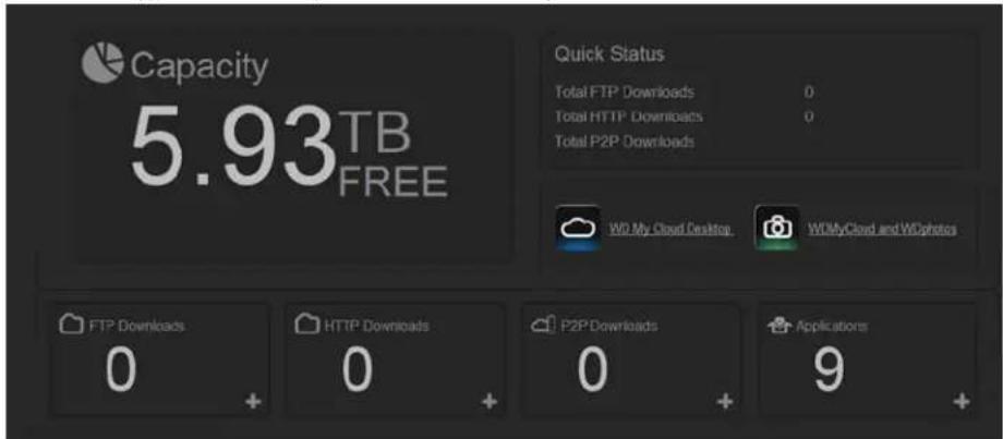Capacity 5.93TB FREE Quick Status Total FTP Downloads 0 Total HTTP Downloads 0 Total P2P Downloads WO My Cloud Desktop WOMyCloud and WDphotos FTP Downloads 0 HTTP Downloads 0 P2P Downloads 0 Applications 9