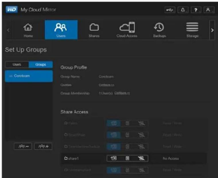 My Cloud Mirror Home Users Shares Cloud Access Backups Storage Set Up Groups Users Groups Group Profile Group Name: CoroToam Quotes: CeToom.no Group Membership: 1 User(s) CeToom.no Share Access Rules: New / New Small/Size: Read / Write Transmitting/Custom: New / New share1: No Access Cirrtaa/Start: New / New