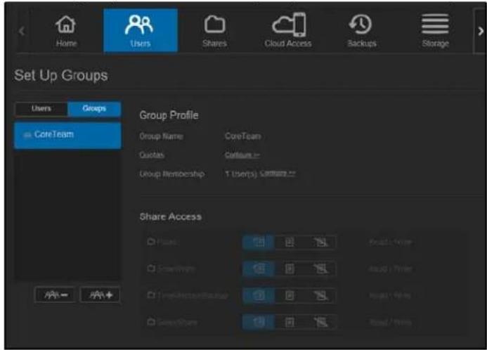 Set Up Groups Users Groups CoreTeam Group Profile Group Name CoreTeam Quotes Costans Group Membership 1 User(s) Costans... Share Access Pass Read/Write Send/Write Read/Write Send/Write Read/Write Send/Write Read/Write