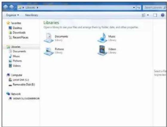 Organize NewLibrary Favorites Desktop Downloads Recent Places Libraries Documents Music Pictures Videos Computer Local Disk (C:) Removable Disk (E:) Network WEDAYOLOUDIMIRACH Libraries Open a library to see your files and arrange them by folder, date, and other properties. Documents Library Music Library Pictures Library Videos Library Select a file to preview