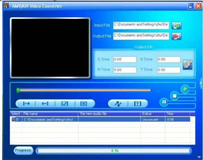 AMV/AVI Video Converter Input File C:\Documents and Settings\zhu\De Output File C:\Documents and Settings\zhu\De Output Info S.Time 0:00 E.Time 0:00 R.Time 0:00 T.Time 0:00 Select File name The new audio file Status Time 0 C:\Documents and Settings\zhu\. Unconvert 0:00 Progress 0 %