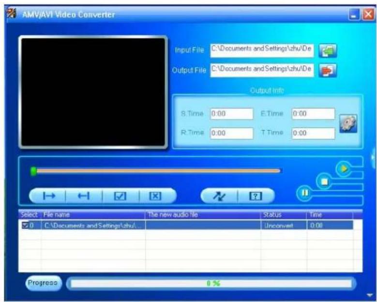 AMV/AVI \Video Converter Input File C:\Documents and Settings\zhu\De Output File C:\Documents and Settings\zhu\De Output Info S.Time 0:00 E.Time 0:00 R.Time 0:00 T Time 0:00 Select File name The new audio file Status Time C:\Documents and Settings\zhu\De Unconvert 0:00 Progress 0%