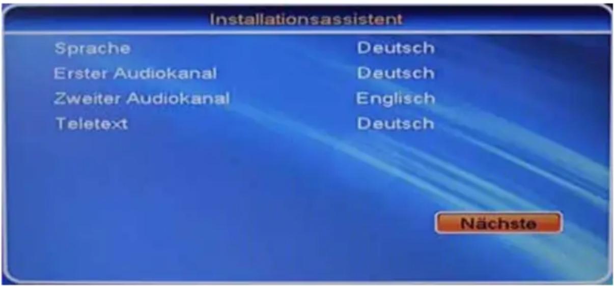 Installationsassistent Sprache Deutsch Erster Audiokanal Deutsch Zweiter Audiokanal Englisch Teletext Deutsch Nächste