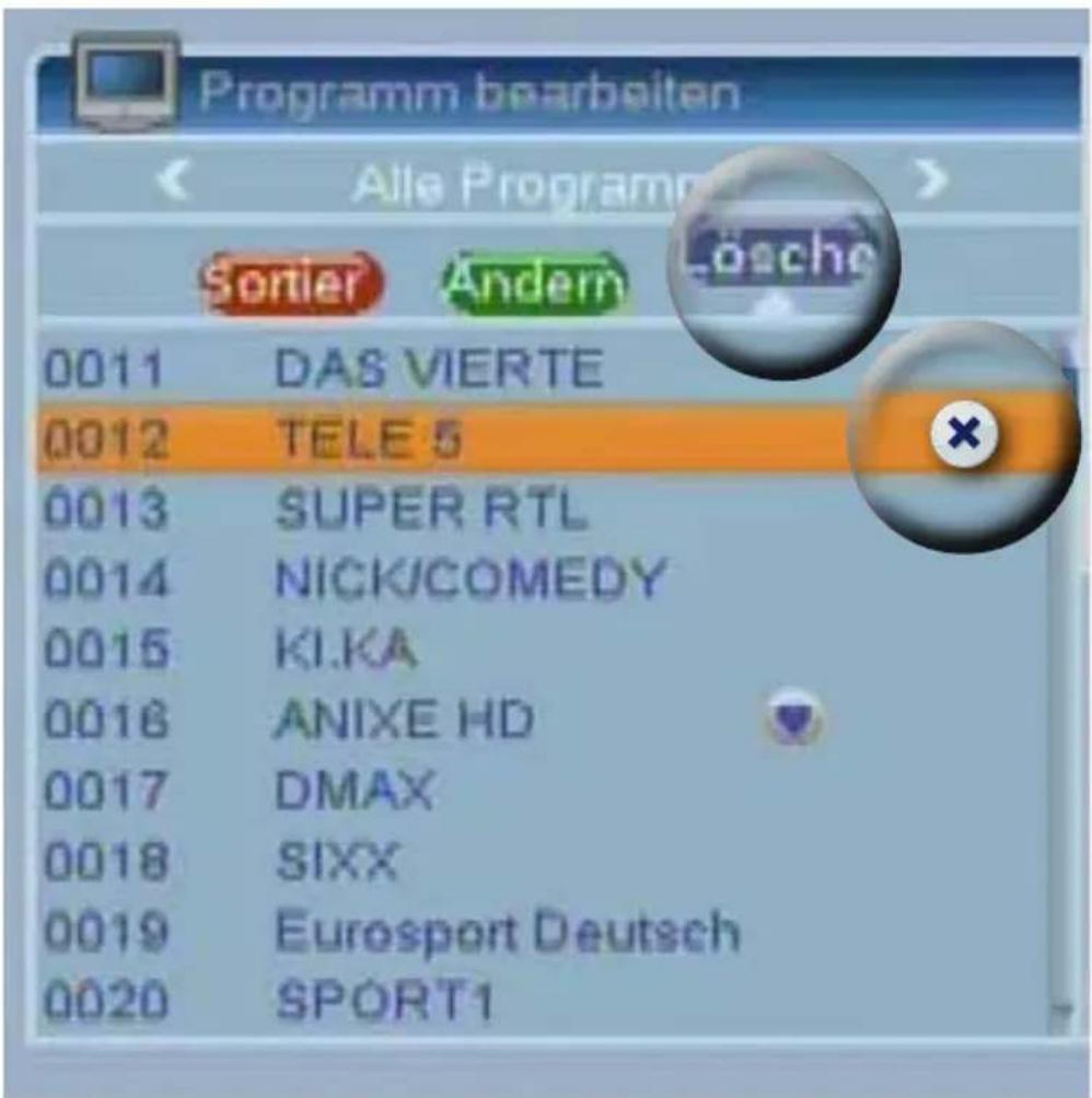 Programm bearbeiten Alle Programme Sonier Andern Lösche 0011 DAS VIERTE 0012 TELE 5 0013 SUPER RTL 0014 NICK/COMEDY 0015 KI.KA 0016 ANIXE HD 0017 DMAX 0018 SIXX 0019 Eurosport Deutsch 0020 SPORT1