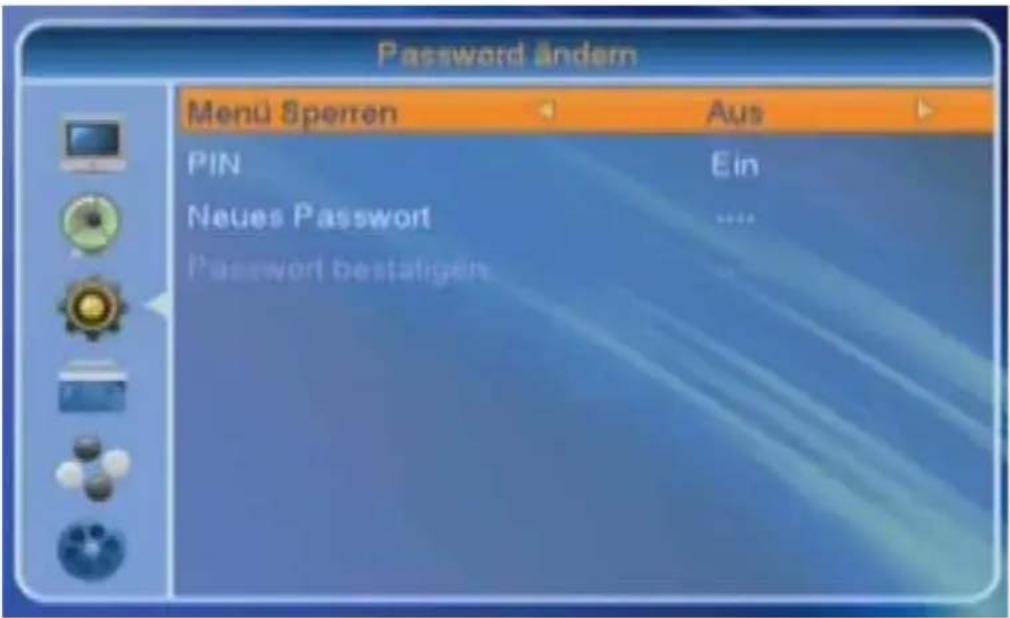 Password ändern Menu Sperren Pin Neues Passwort Password bestätigen Aus Ein