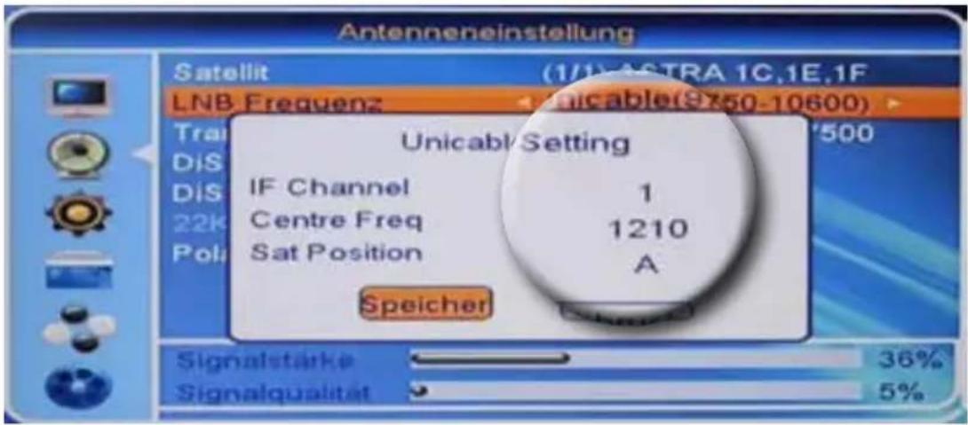 Antenneneinstellung Satellit (1/1)*ASTRA 1C.1E.1F LNB Frequenz Unicable(9750-10600) Train DiS DiS IF Channel 1 22k Centre Freq 1210 Pol: Sat Position A Speicher Signalstärke 36% Signalqualität 5%