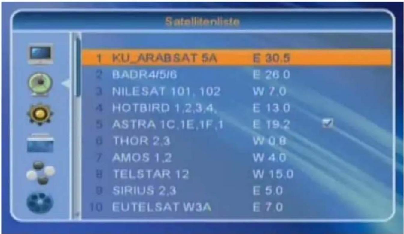 Satellitenliste 1 KU_ARABSAT 5A E 30.5 2 BADR4/5/6 E 26.0 3 NILESAT 101,102 W 7.0 4 HOTBIRD 1,2,3,4. E 13.0 5 ASTRA 1C,1E,1F,1 E 19.2 6 THOR 2,3 W 0.8 7 AMOS 1,2 W 4.0 8 TELSTAR 12 W 15.0 9 SIRIUS 2,3 E 5.0 10 EUTELSAT W3A E 7.0