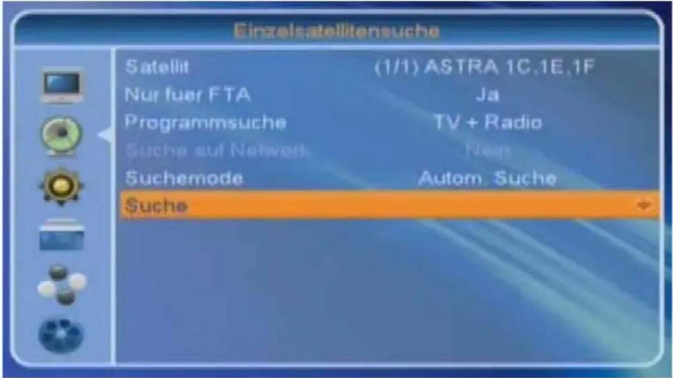 Einzelsatellitensuche Satellit (1/1) ASTRA 1C.1E.1F Nur fuer FTA Ja Programmsuche TV + Radio Suche auf Network Suchemode Autom. Suche Suche
