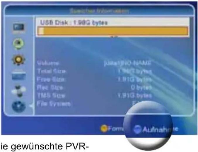 Spectrum Information USB Disk : 1.98G bytes Volumes Total Size Free Size Free Size TMS Size File System Jusla190-NAME 1.96 G bytes 1.91G bytes 0 bytes 1.91G bytes E Forma Aufnahme ie gewünschte PVR-
