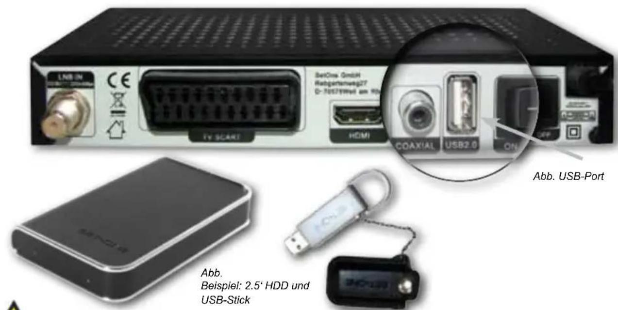 LNB IN CE SetCins GmbH Rebetgenwerk27 D-705719Wol am HDI TV SCART HDMI COAXIAL USB2.0 ON Abb. USB-Port Abb. Beispiel: 2.5' HDD und USB-Stick