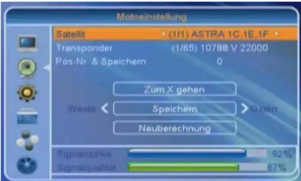 Motoeinstellung Satellit < (1/1) ASTRA 1C.1E.1F > Transponder (1/65) 10788 V 22000 Pos-Nr & Speichern 0 Zum X gehen Waste < Speichern > Osten Neuberechnung Signaistärke 92% Signalqualität 87%