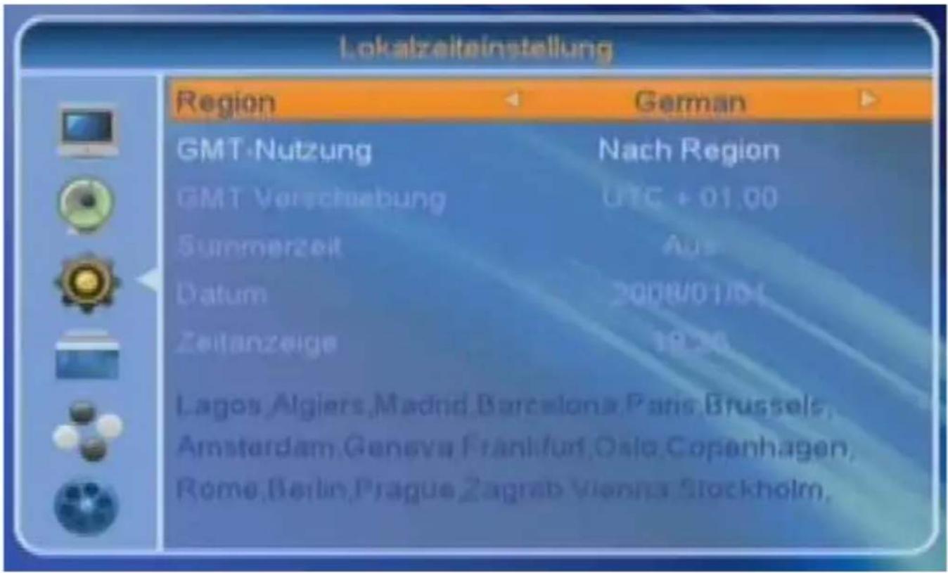 Lokalzeiteinstellung Region German GMT-Nutzung Nach Region GMT Verschreibung UTC + 01.00 Summerzeit Aus Datum 2008/01/04 Zeitanzige 18:36 Lagos Algiers, Madrid Barcelona, Paris Brussels, Amsterdam, Geneva, Frankfurt, Oslo, Copenhagen, Rome, Berlin, Prague, Zagreb Vienna, Stockholm.