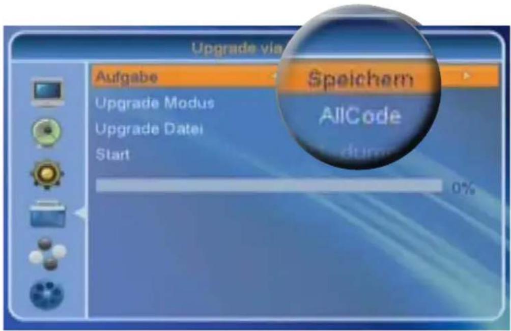 Upgrade via Aufgabe Upgrade Modus Upgrade Datei Start Speichem AllCode 0%