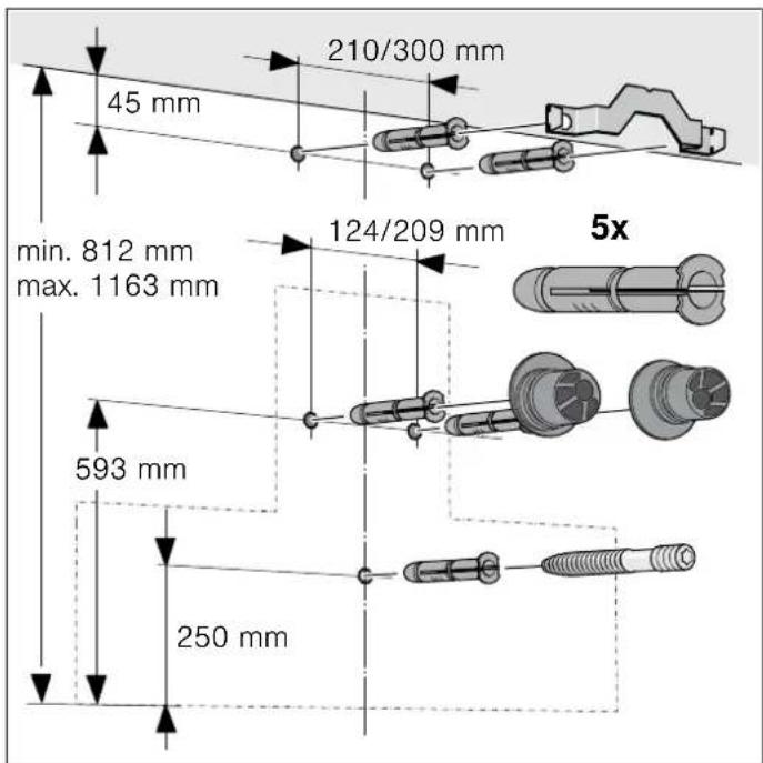 210/300 mm 45 mm min. 812 mm max. 1163 mm 124/209 mm 5x 593 mm 250 mm