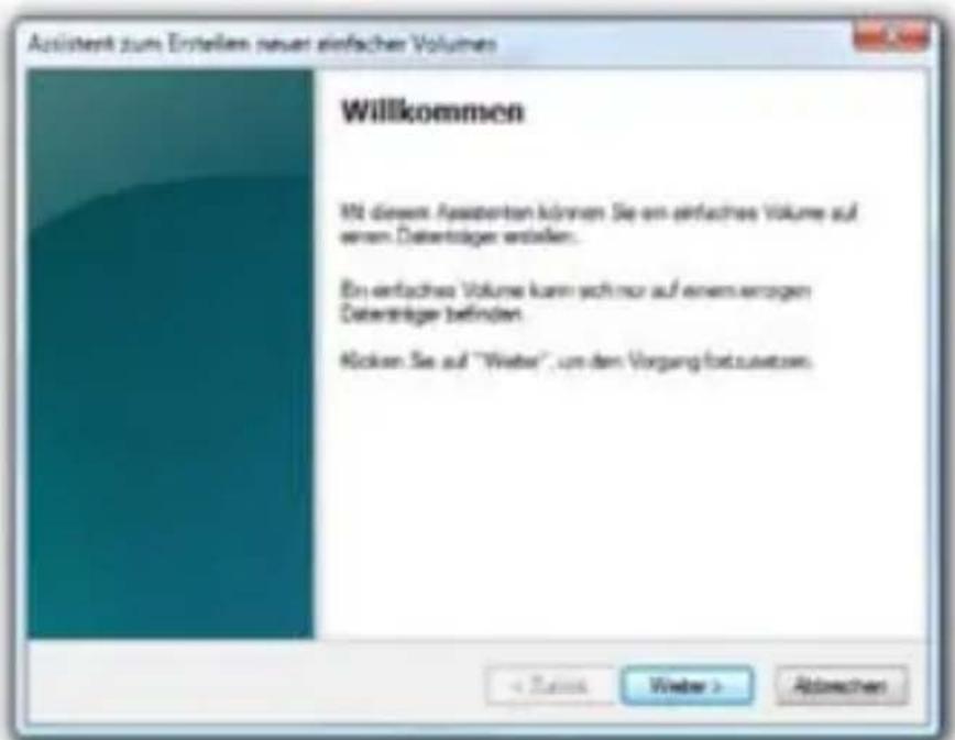 Assistent zum Erstellen neuer einfachen Volumes Willkommen Mit diesem Assistanten können Sie am einfaches Volume auf einen Datenslager erstellen. Ein einfaches Volume kann sich nur auf einem verzogen Datenslager befinden. Mücken Sie auf "Weber", um dem Vorgang fortzussetzen.