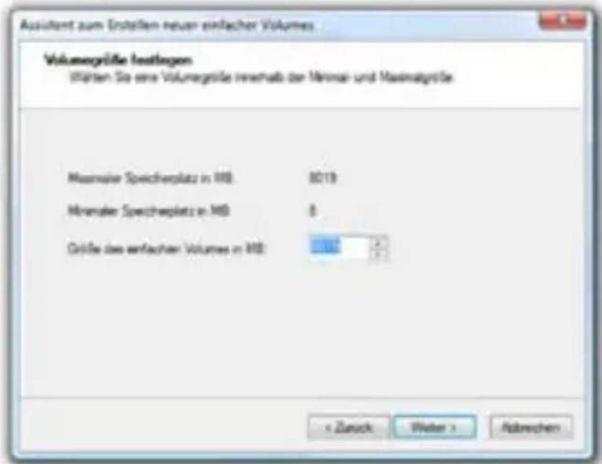 Assistent zum Erstellen neuen einfacher Volumes Volumegröße festlagen Stätten Sie eine Volumegröße innerhalb der Minimal- und Maximalgröße. Maximaler Speichewplatz in MB: 8019 Minimaler Speichewplatz in MB: 0 Größe des einfacher Volumes in MB: < Zurech Weiter > Abrechen