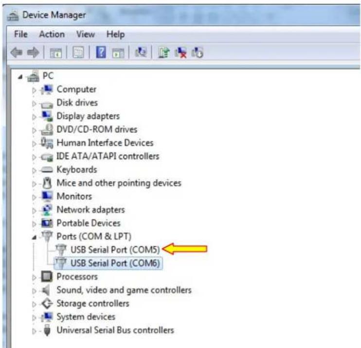 Device Manager File Action View Help PC Computer Disk drives Display adapters DVD/CD-ROM drives Human Interface Devices IDE ATA/ATAPI controllers Keyboards Mice and other pointing devices Monitors Network adapters Portable Devices Ports (COM & LPT) USB Serial Port (COM5) USB Serial Port (COM6) Processors Sound, video and game controllers Storage controllers System devices Universal Serial Bus controllers