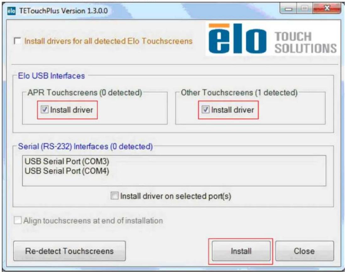 eIo TETouchPlus Version 1.3.0.0 □ Install drivers for all detected Elo Touchscreens eIo TOUCH SOLUTIONS Elo USB Interfaces APR Touchscreens (0 detected) ✓ Install driver Other Touchscreens (1 detected) ✓ Install driver Serial (RS-232) Interfaces (0 detected) USB Serial Port (COM3) USB Serial Port (COM4) □ Install driver on selected port(s) □ Align touchscreens at end of installation Re-detect Touchscreens Install Close