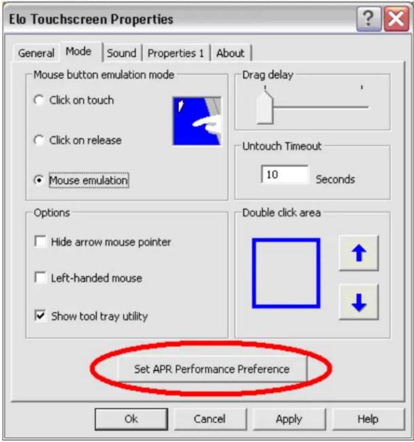 Elo Touchscreen Properties General Mode Sound Properties 1 About Mouse button emulation mode Click on touch Click on release Mouse emulation Drag delay Untouch Timeout 10 Seconds Options Hide arrow mouse pointer Left-handed mouse Show tool tray utility Double click area Set APR Performance Preference Ok Cancel Apply Help