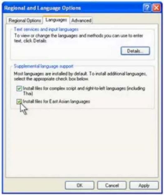 Regional and Language Options Regional Options Languages Advanced Text services and input languages To view or change the languages and methods you can use to enter text. click Details: Details... Supplemental language support Most languages are installed by default. To install additional languages, select the appropriate check box below. ✓ Install files for complex script and right-to-left languages (including Thai) ✓ Install files for East Asian languages OK Cancel Apply