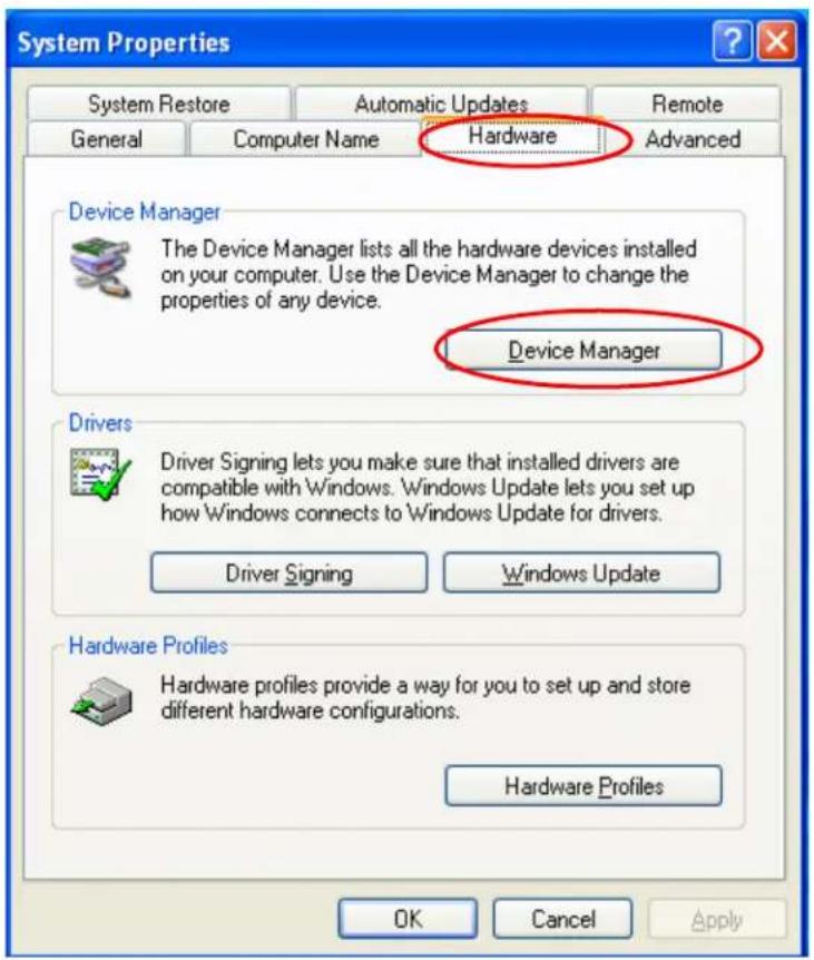 System Properties System Restore Automatic Updates Remote General Computer Name Hardware Advanced Device Manager The Device Manager lists all the hardware devices installed on your computer. Use the Device Manager to change the properties of any device. Device Manager Drivers Driver Signing lets you make sure that installed drivers are compatible with Windows. Windows Update lets you set up how Windows connects to Windows Update for drivers. Driver Signing Windows Update Hardware Profiles Hardware profiles provide a way for you to set up and store different hardware configurations. Hardware Profiles OK Cancel Apply
