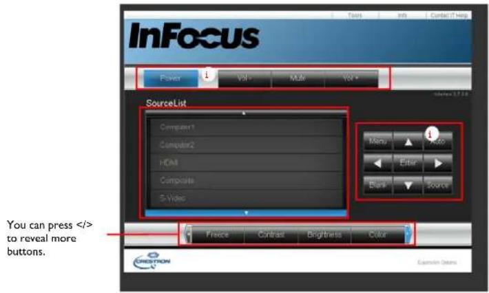 InFocus Power VM Multi VOL SourceList Computer1 Computer2 FDMI Composite S-Video Menu Audio Error Blank Source You can press to reveal more buttons. Freeze Contrast Brightness Color CREDITION Explain Options