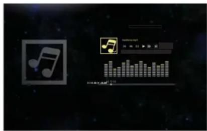 Screenshot of a music app interface with musical note icons and playback controls