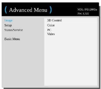 (Advanced Menu) Image Setup Status/Service Basic Menu 3D Control Color PC Video MGL, P2128HDx P90, KJXX